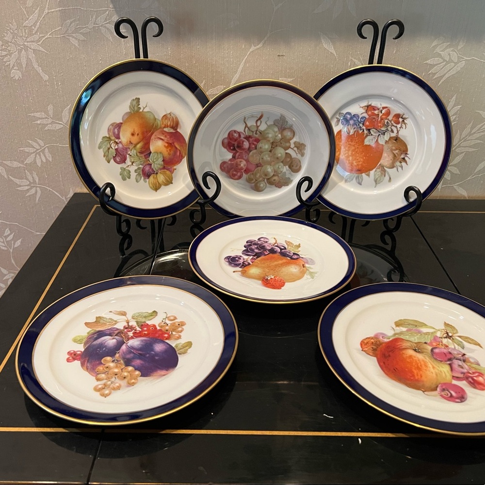 Blue & Gold Fruit Design Dishes  (6 ) JKW Western Germany Porcelain